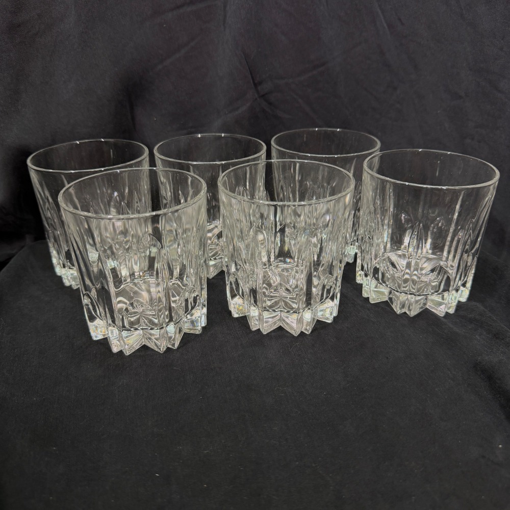 Set of 6 Vintage Clear Cut Glass Whiskey Rocks Glasses Starburst Base 10oz